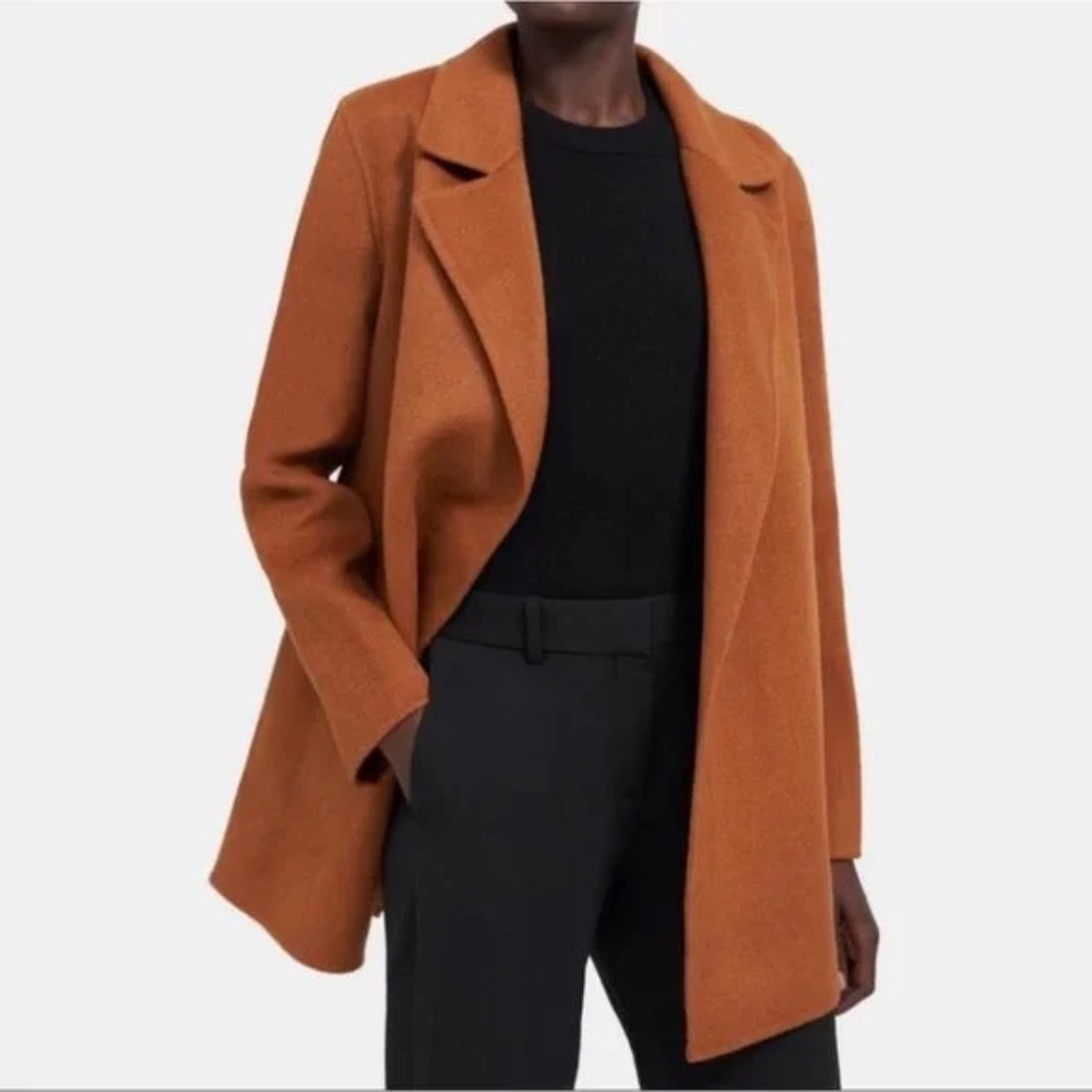 THEORY "Clairene" Double Face Cashmere-Wool Open Front Coat in PUMPKIN Size S